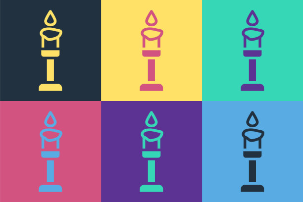 波普艺术燃烧的蜡烛图标孤立的颜色背景。圆柱形芳香蜡烛棒燃烧火焰。快乐的万圣节派对。向量图片下载