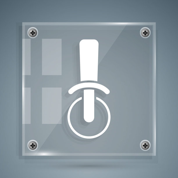 白色披萨刀图标孤立在灰色背景。披萨刀的迹象。钢厨具设备。方形玻璃面板。向量图片下载