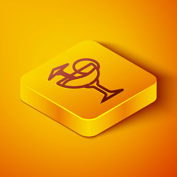 等距线鸡尾酒和酒精饮料与伞图标孤立在橙色背景。黄色正方形按钮。向量图片下载