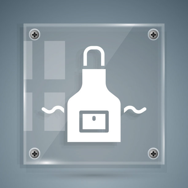 白色厨房围裙图标孤立在灰色背景。厨师烹饪制服。方形玻璃面板。向量图片下载