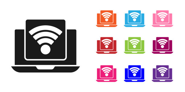 黑色无线笔记本电脑图标孤立在白色背景。物联网概念与无线连接。设置图标丰富多彩。向量图片下载