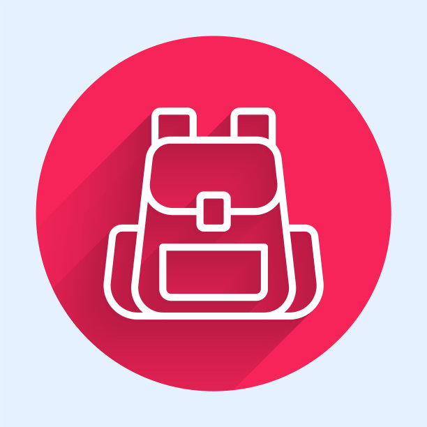 白色线徒步背包图标孤立与长影子。野营和登山背包。红色圆圈按钮。向量图片下载