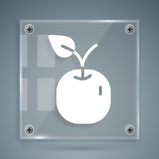白色苹果图标孤立在灰色背景。水果与叶子的象征。方形玻璃面板。向量图片下载