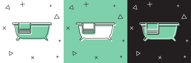 设置浴缸图标隔离在白色和绿色，黑色背景。向量图片下载