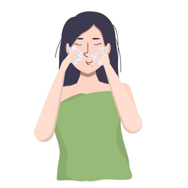 矢量插图的一个年轻的亚洲妇女在毛巾洗泡沫在她的脸上。自我照顾的概念图片下载