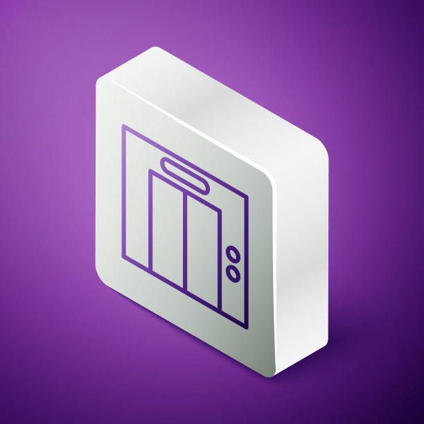 等距线电梯图标孤立在紫色的背景。电梯的象征。银广场按钮。向量图片下载