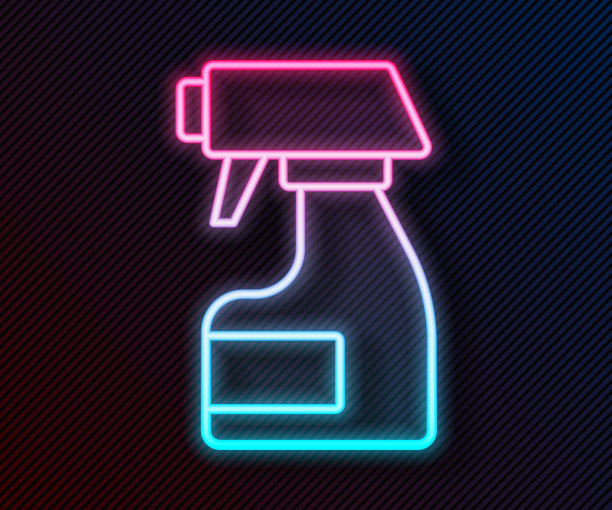 发光的霓虹灯线清洁喷雾瓶与清洁剂液体图标隔离在黑色背景。去污剂。向量图片下载