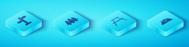 设置等距道路交通路标，森林，山和野餐桌长椅图标。向量图片下载