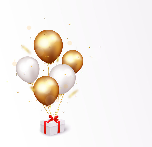 庆祝旗帜与金色的五彩纸屑和气球图片下载