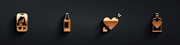 把约会应用设置在网上，酒瓶，爱的心和箭和瓶子爱药水图标与长影子。向量图片下载