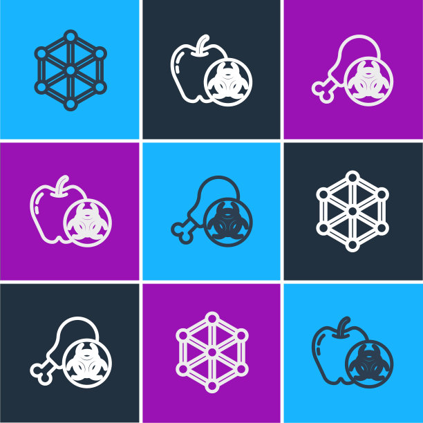 转基因生产线，转基因研究鸡和转基因苹果图标。向量图片下载