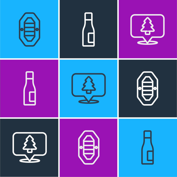 设置线漂流船，森林的位置和瓶装水的图标。向量图片下载