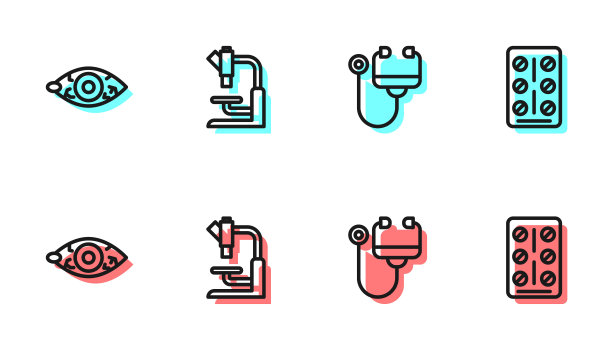 设置线条听诊器，红眼睛，显微镜和药片在泡罩包装图标。向量图片下载