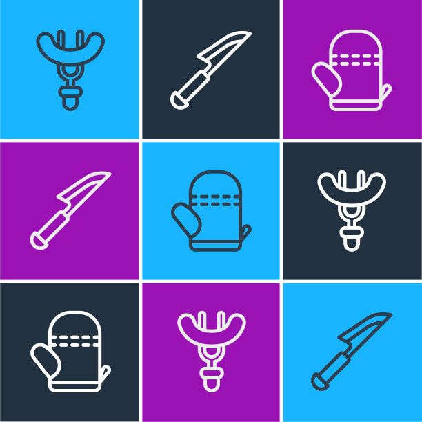 设置线香肠在叉，烤箱手套和刀的图标。向量图片下载