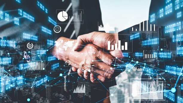 富有想象力的视觉商业握手与计算机图形的投资数据图片下载