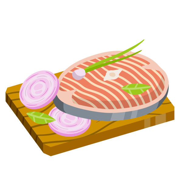 切菜板上的生鱼片。烹饪食物。厨房和餐厅元素。排骨和成分。平的卡通插图图片下载