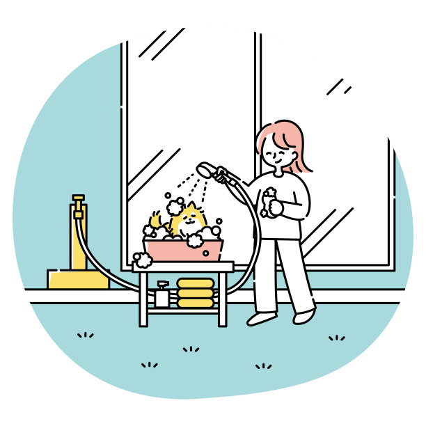 一个女人在院子里给狗洗澡图片下载