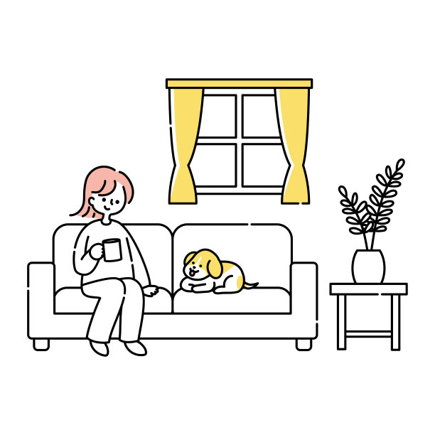 一个女人坐在客厅的沙发上，和她的狗一起放松图片下载