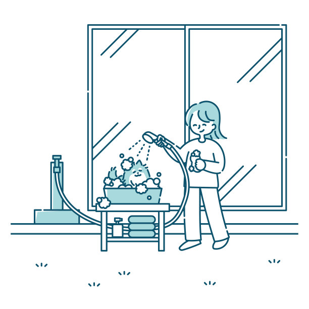 一个女人在院子里给狗洗澡图片下载