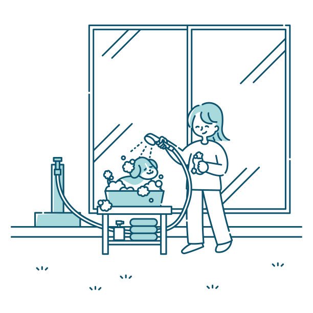 一个女人在院子里给狗洗澡图片下载