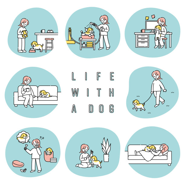 一个女人和一条狗生活的插图图片下载