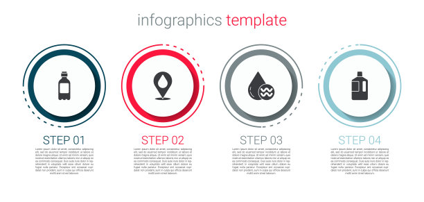 设置瓶装水，水滴与位置，回收干净的水和大瓶子。业务信息模板。向量图片下载