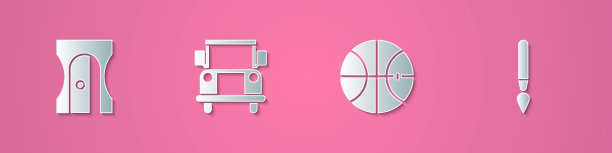 集剪纸卷笔刀，校车，篮球和画笔图标。纸艺术风格。向量图片下载