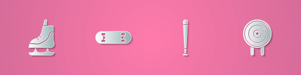 溜冰鞋、滑板技巧、棒球棒和目标运动图标剪纸图案。纸艺风格。矢量图图片下载