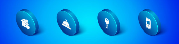 设置等距房子与心脏形状，钥匙，在线房地产房子和酒店服务钟图标。向量图片下载