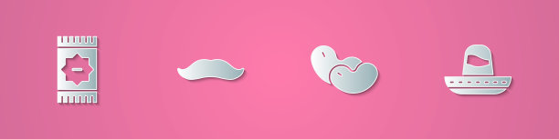 设置剪纸墨西哥地毯，胡子，豆类和宽边帽图标。纸艺术风格。向量图片下载