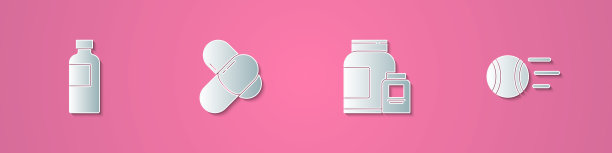 设置剪纸健身摇瓶，运动营养，网球图标。纸艺术风格。向量图片下载