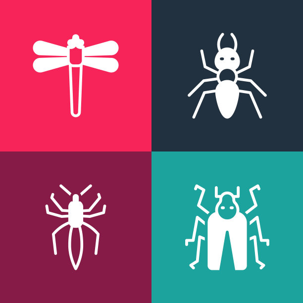 设置流行艺术甲虫虫，蜘蛛，蚂蚁和蜻蜓图标。向量图片下载