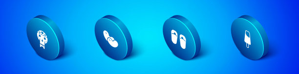 设置等距墨西哥头骨，人字拖，冰棒冰淇淋和豆子图标。向量图片下载