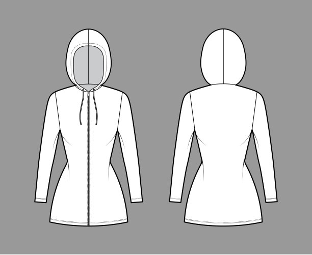 拉链连帽衫连衣裙技术时尚插图，长袖，迷你长度，合身的身体，铅笔丰满。平图片下载