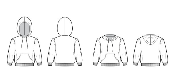 套帽衫技术时尚插图肘袖，放松身体，袋鼠袋，针织罗纹袖口图片下载