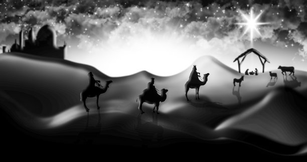 三贤士在伯利恒城与小耶稣在马槽见面的圣诞场景图片下载