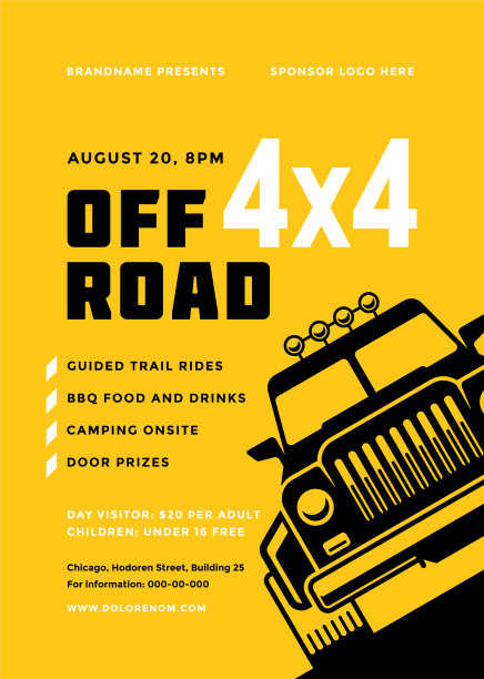 越野卡车比赛海报或传单事件现代排版设计模板和4x4越野车剪影图片下载