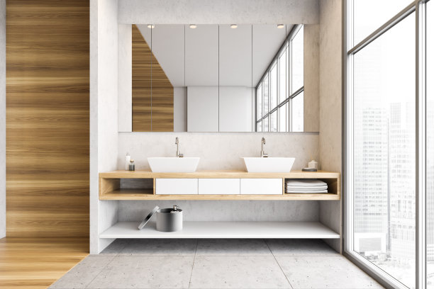 木质和白色浴室有两个水池，镜子和大窗户图片下载