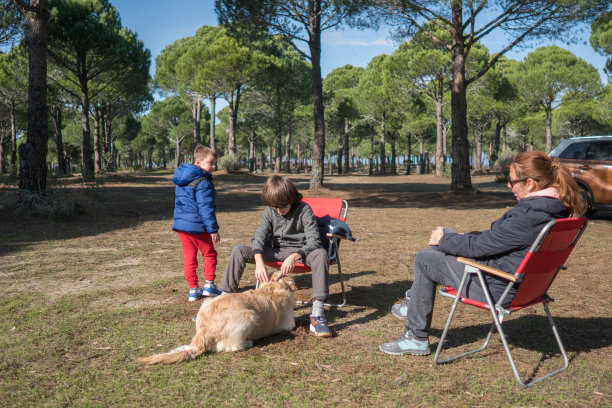 家人和她的狗在森林里休息。图片下载