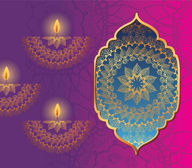 快乐的排灯节曼荼罗在框架和蜡烛在粉红色图片下载