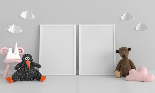 娃娃在地板上的孩子的房间，两个框架模型，3D渲染图片下载