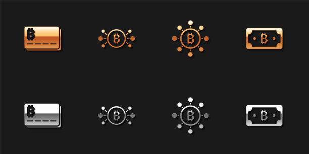 设置信用卡与比特币，比特币电路，区块链技术和加密货币图标。向量图片下载