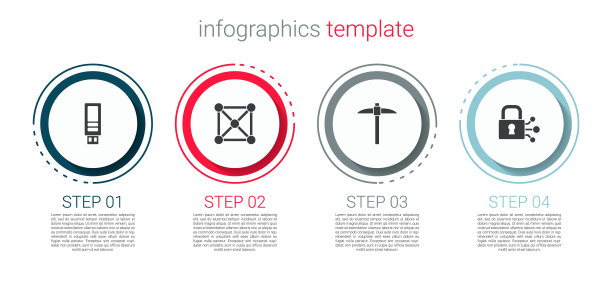 将u盘、区块链技术、Pickaxe和Lock设置为比特币。业务信息模板。向量图片下载