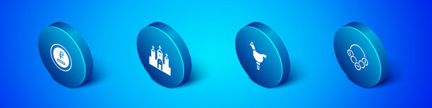 设置等长卢布，卢布货币，公鸡棒棒糖，俄罗斯百吉饼和教堂建筑图标。向量图片下载