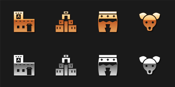 设置墨西哥房子，奇琴伊察在玛雅，Huehuetl和狗图标。向量图片下载