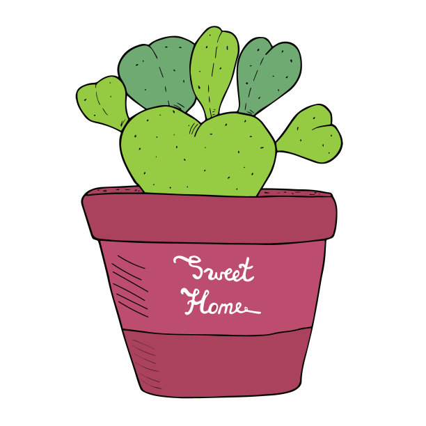 心形的仙人掌在一个陶瓷花盆。爱植物手绘矢量甜蜜的家插图图片下载