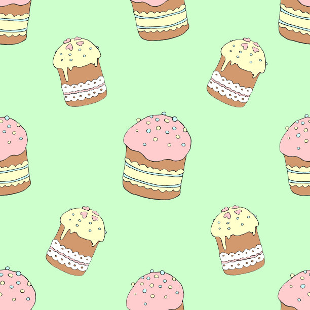 无缝模式。复活节蛋糕或甜面包或帕斯卡。柔软的春色背景和传统传统的食物纹理。手绘彩色插图图片下载