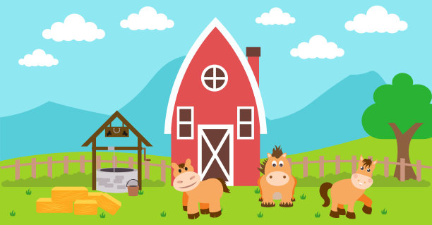 可爱的卡通矢量插图的马和农场农村草地图片下载