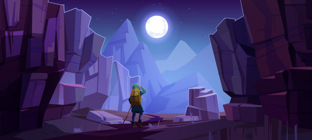 徒步旅行者在夜间的山路上图片下载