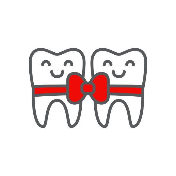 两颗牙齿呈现红色丝带笑脸字符简单轮廓线健康牙齿标志图标矢量插图。图片下载